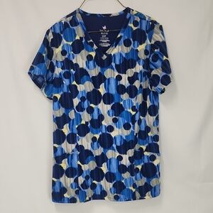 Willow Brook Blue, Yellow & Gray Short Sleeve Geometric Scrub Top, size Medium